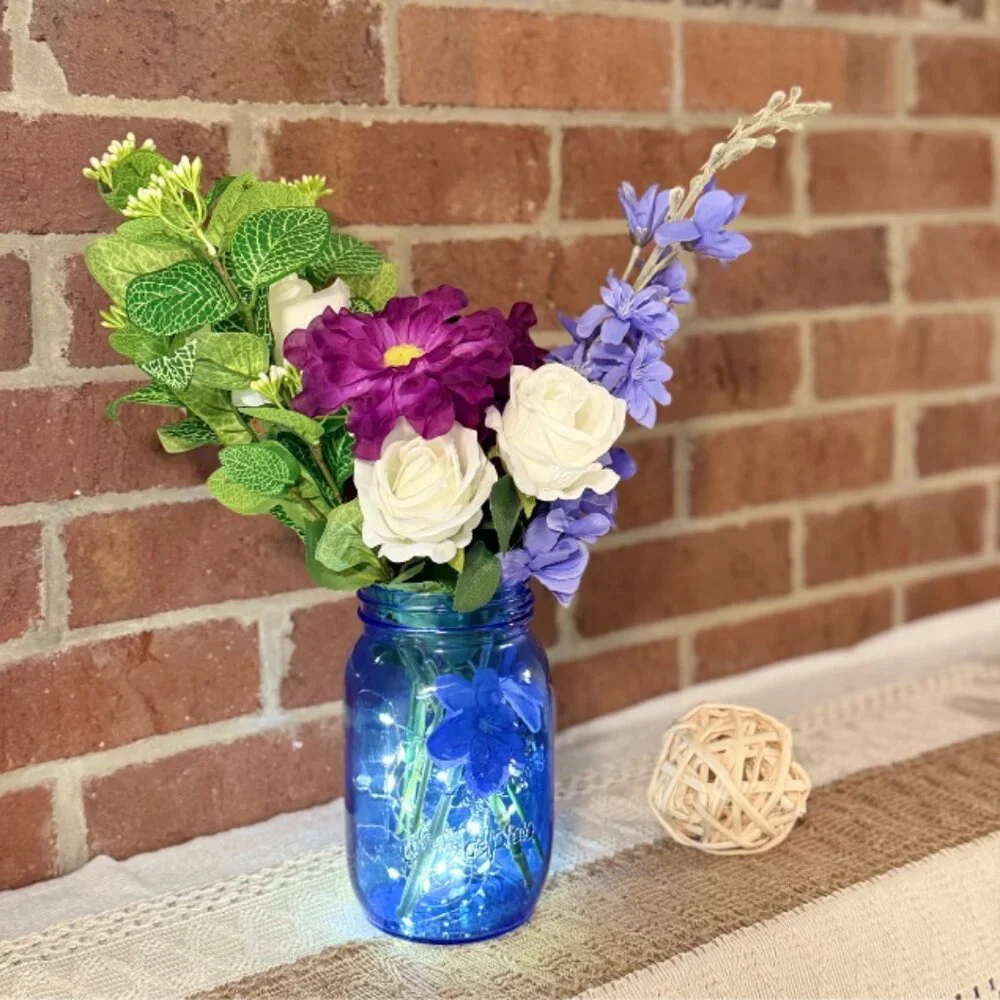 Vibrant Faux Floral Arrangement in Blue Mason Jar w/ LED Lights – Home Décor